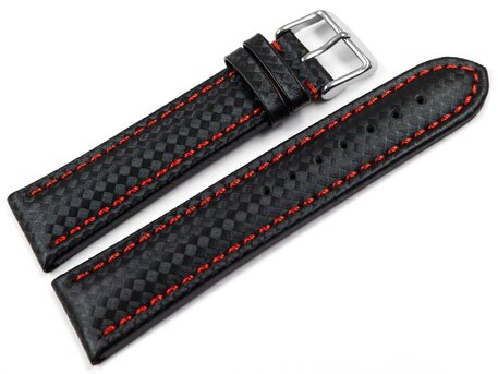 Uhrenarmband - Leder - Carbon Prgung - schwarz - rote Naht 18mm Stahl