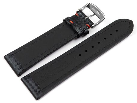 Uhrenarmband - Leder - Carbon Prgung - schwarz - rote Naht 18mm Stahl